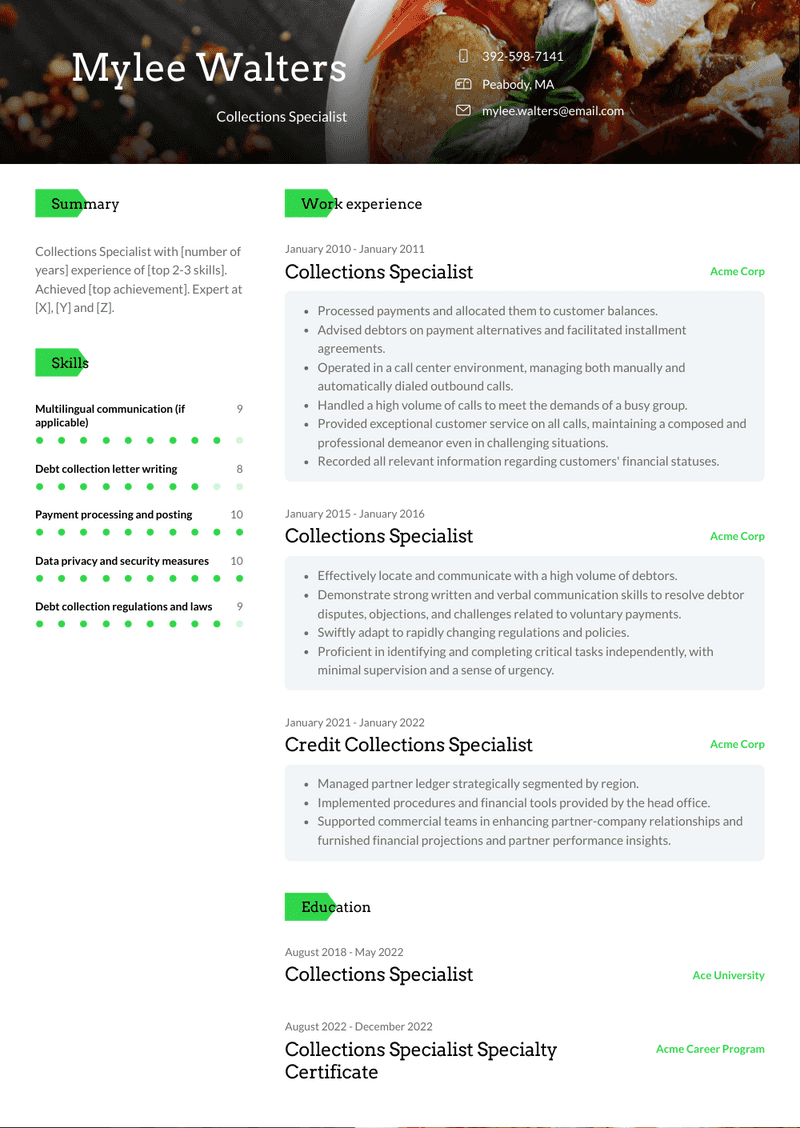 Collections Specialist Resume Sample and Template