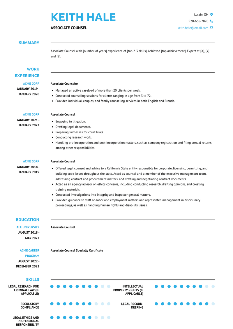 Associate Counsel Resume Sample and Template
