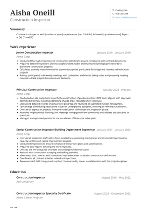 Construction Inspector Resume Sample and Template
