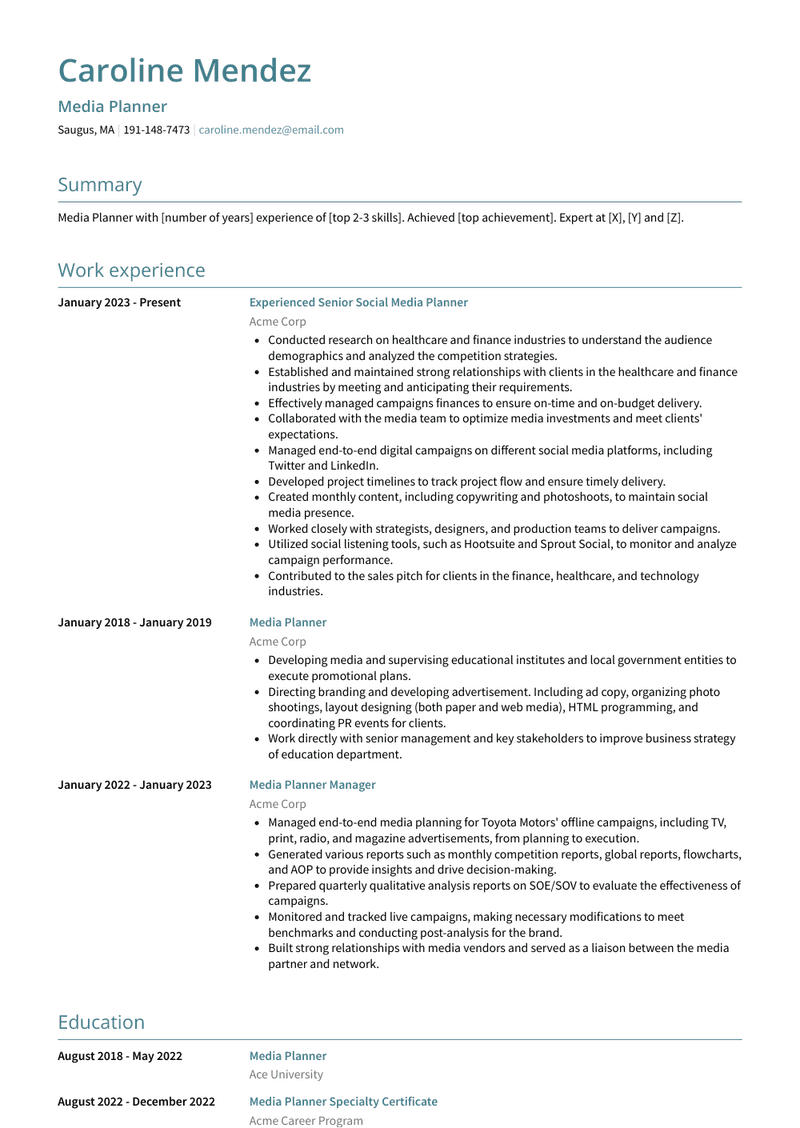 Media Planner Resume Sample and Template