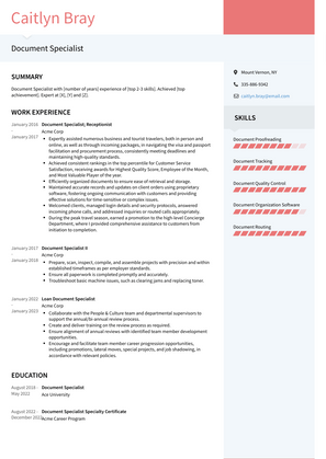 Document Specialist Resume Sample and Template