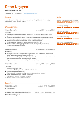 Master Scheduler Resume Sample and Template