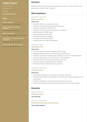 Residential Aide Resume Sample and Template