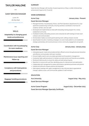 Guest Services Manager Resume Sample and Template