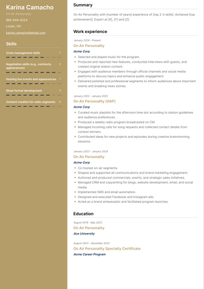 On Air Personality Resume Sample and Template