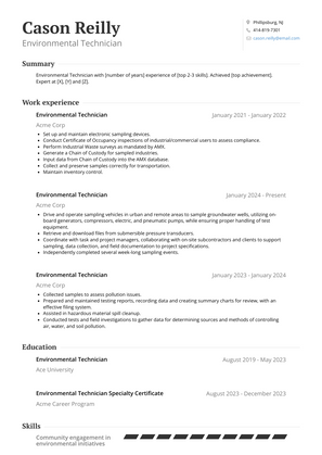 Environmental Technician Resume Sample and Template