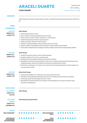 Studio Manager Resume Sample and Template