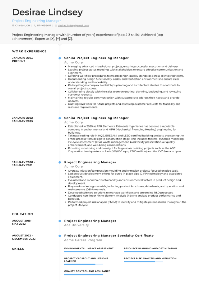 Project Engineering Manager Resume Examples and Templates