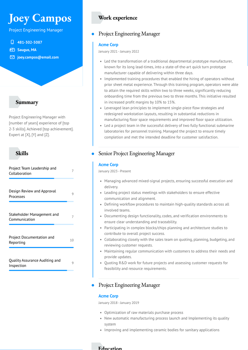 Project Engineering Manager Resume Examples and Templates