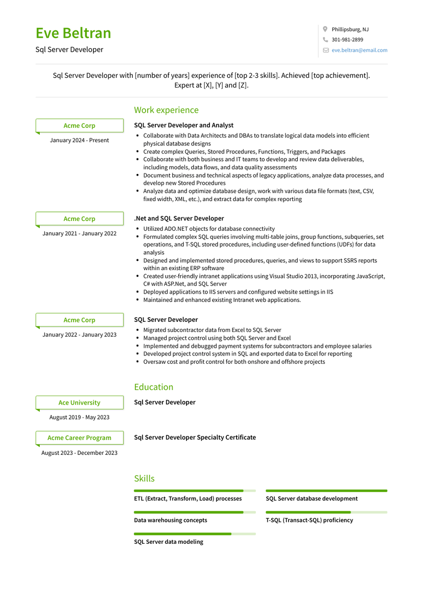 Sql Server Developer Resume Examples and Templates
