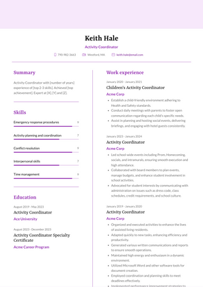 Activity Coordinator Resume Sample and Template