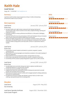 Lead Server Resume Sample and Template