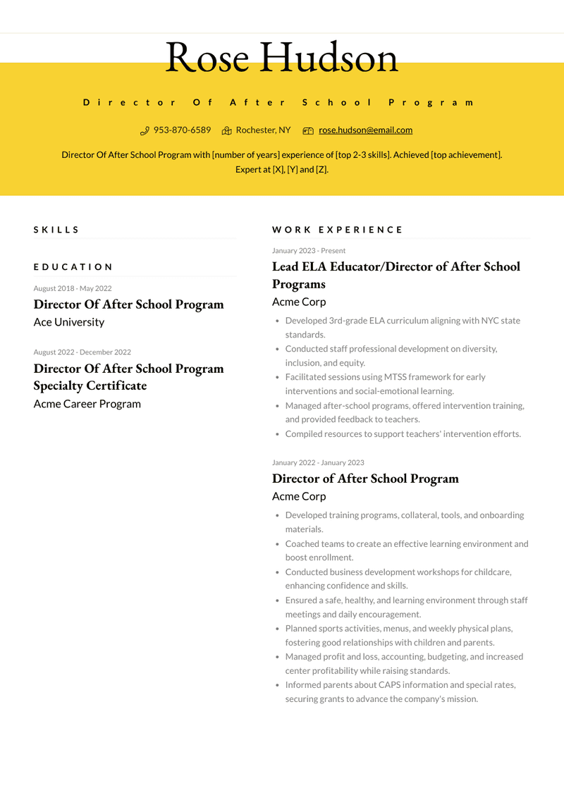 Director Of After School Program Resume Sample and Template