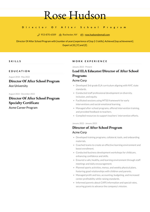 Director Of After School Program Resume Sample and Template