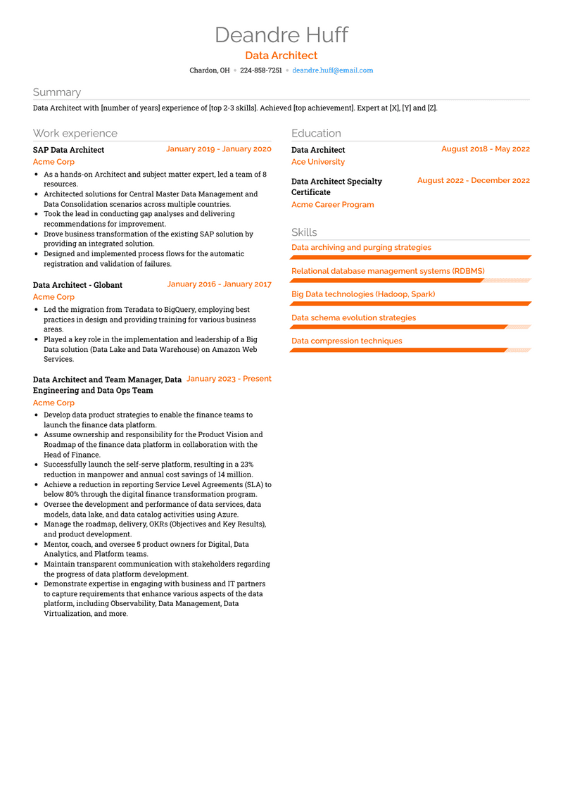 Data Architect Resume Sample and Template