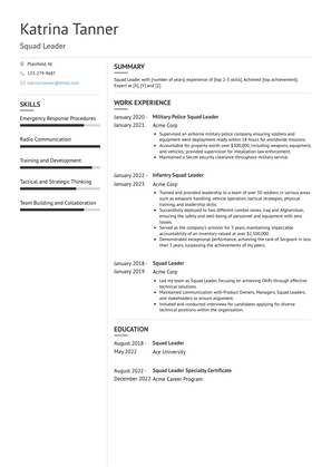 Squad Leader Resume Sample and Template