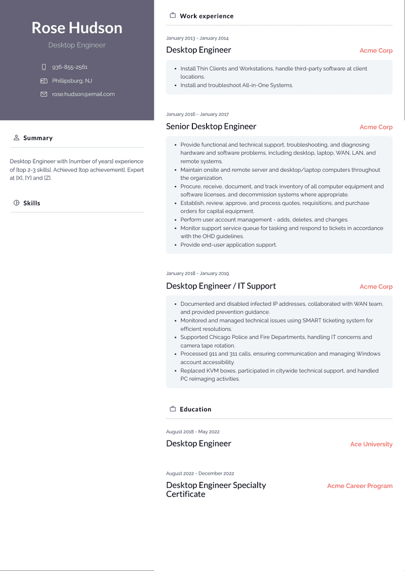 Desktop Engineer Resume Sample and Template