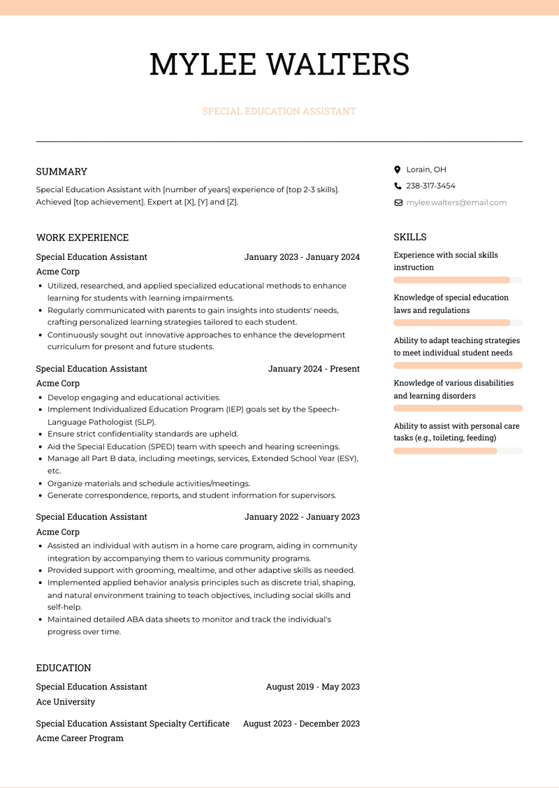 Special Education Assistant Resume Sample and Template