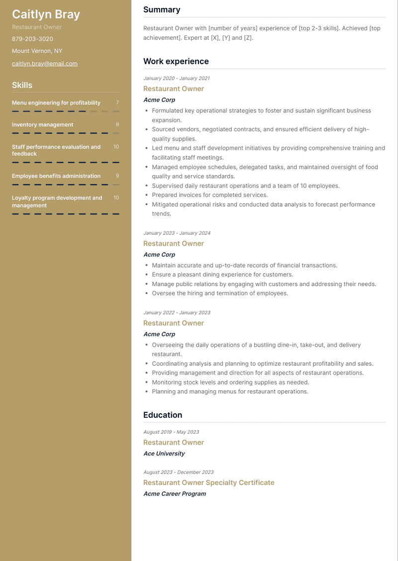 Restaurant Owner Resume Sample and Template