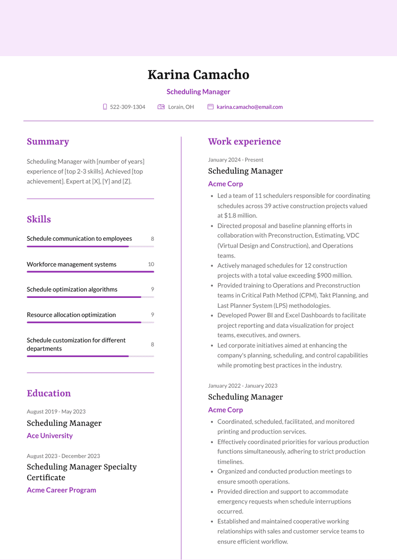 Scheduling Manager Resume Sample and Template