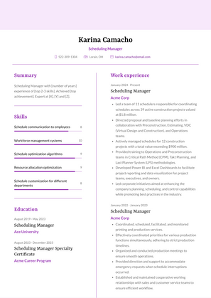 Scheduling Manager Resume Sample and Template