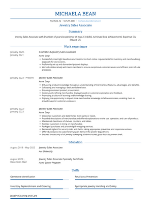 Jewelry Sales Associate Resume Sample and Template