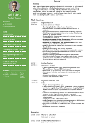 English Teacher Resume Sample and Template