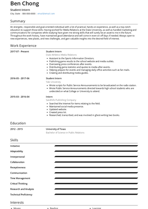 Student Intern Resume Sample and Template