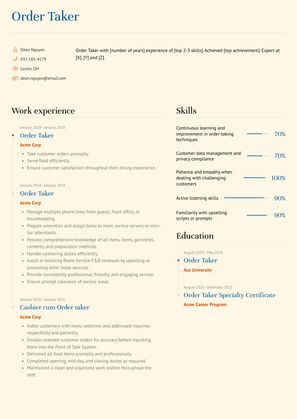 Order Taker Resume Sample and Template