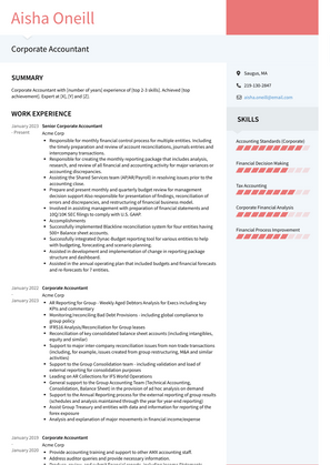 Corporate Accountant Resume Sample and Template
