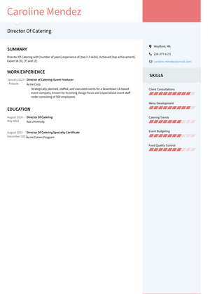 Director Of Catering Resume Sample and Template