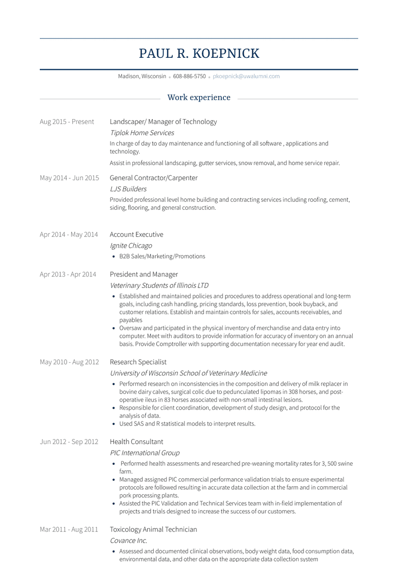 Landscaper/ Manager Of Technology Resume Sample and Template