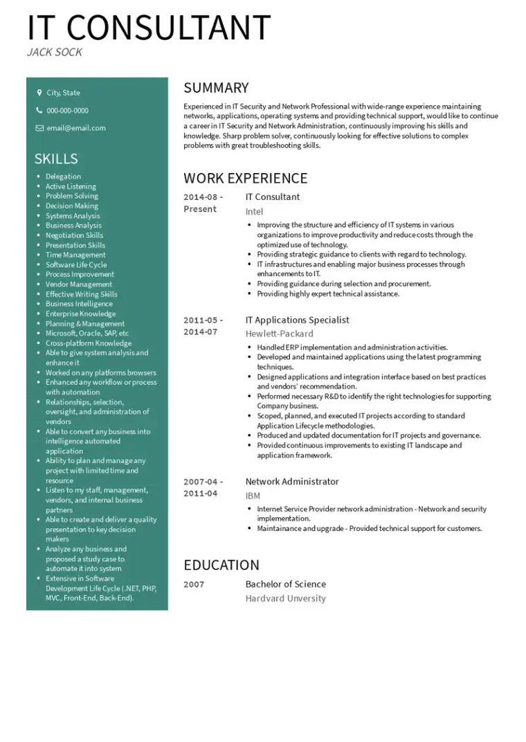 10+ years experienced IT consultant resume