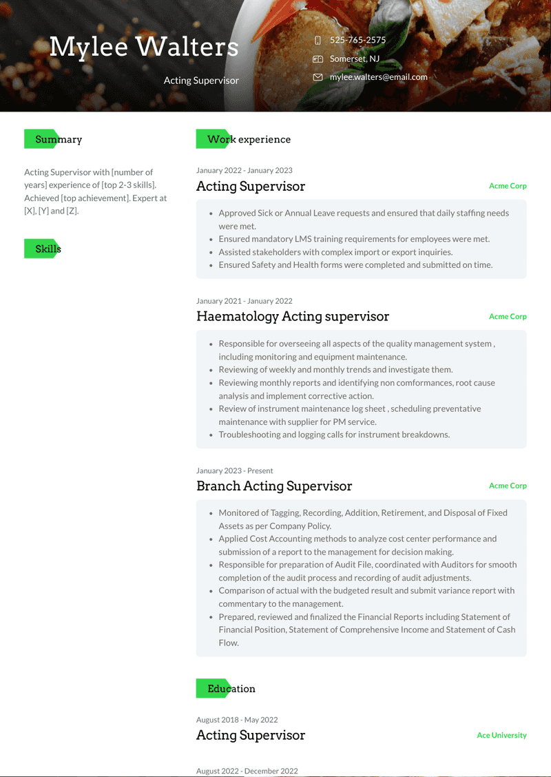 Acting Supervisor Resume Sample and Template