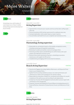 Acting Supervisor Resume Sample and Template