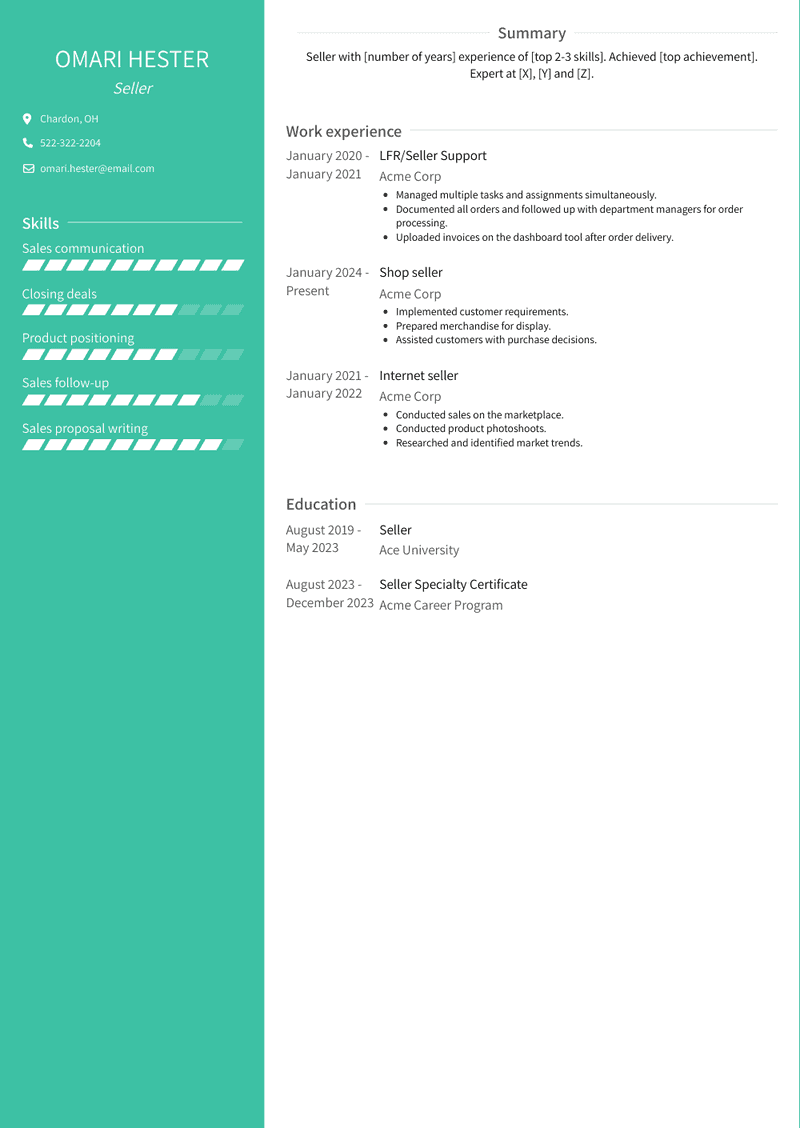 Seller Resume Sample and Template
