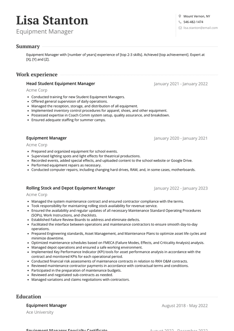 Equipment Manager Resume Sample and Template