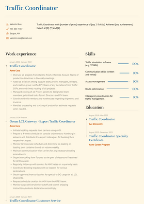 Traffic Coordinator Resume Sample and Template