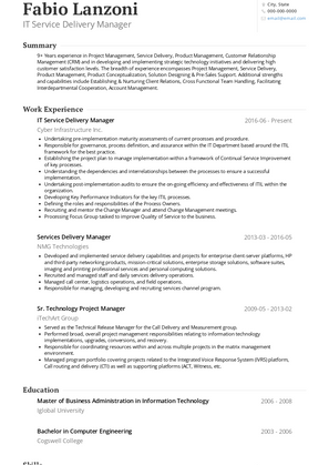 IT Service Delivery Manager Resume Sample and Template