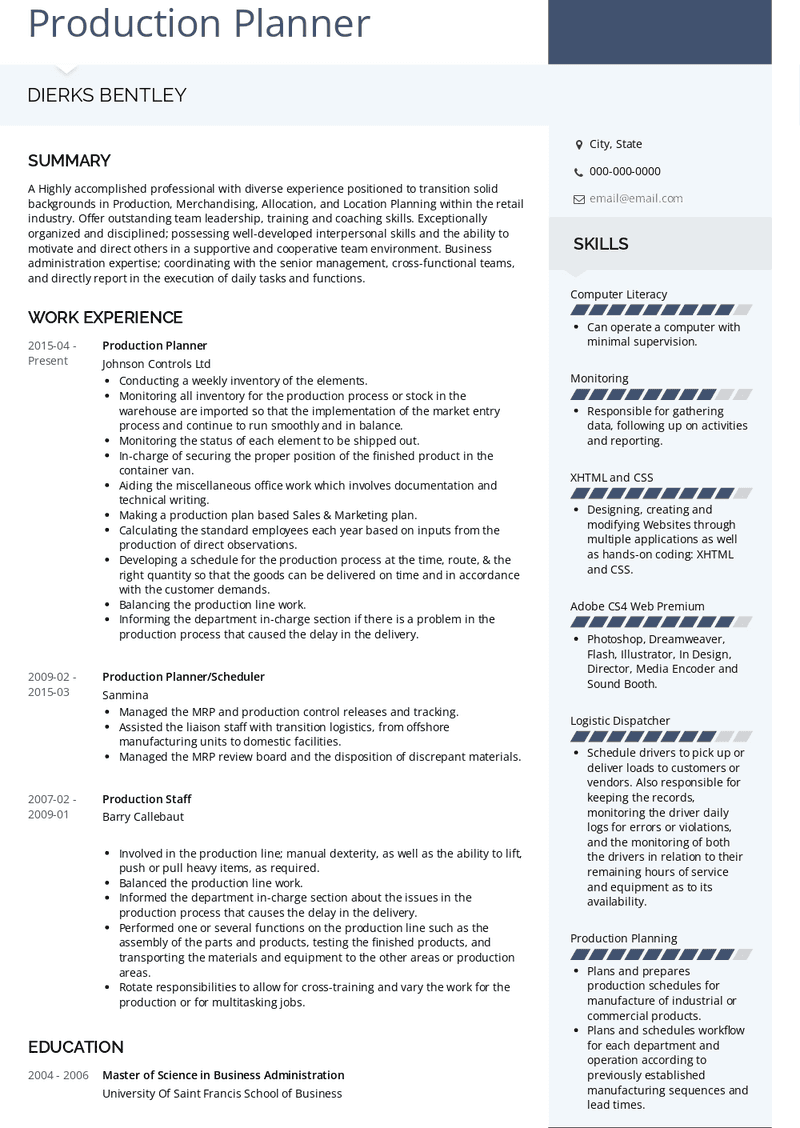 Production Planner Resume Sample and Template