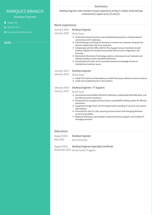 Desktop Engineer Resume Sample and Template