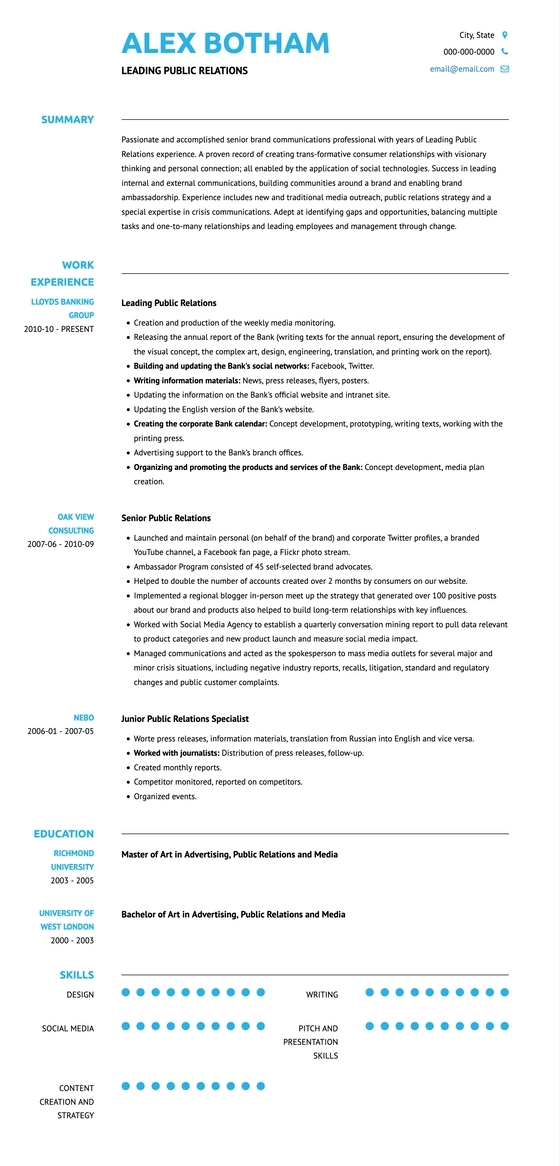 public relations resume template usa
