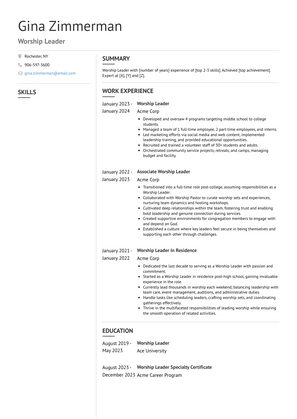 Worship Leader Resume Sample and Template