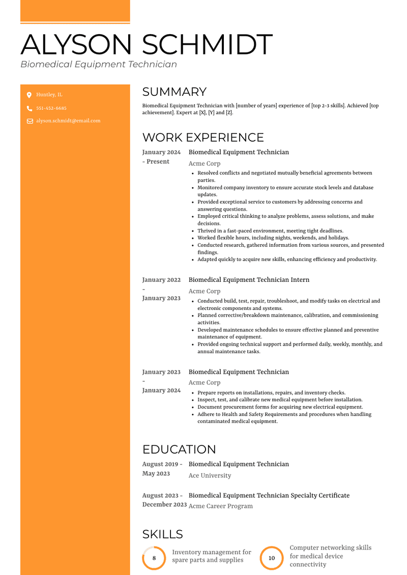Biomedical Equipment Technician Resume Sample and Template