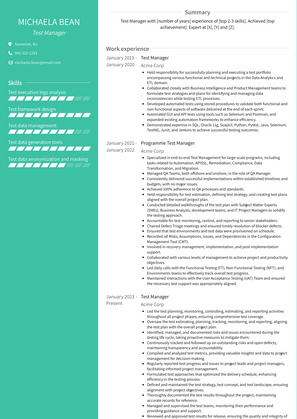 Test Manager Resume Sample and Template