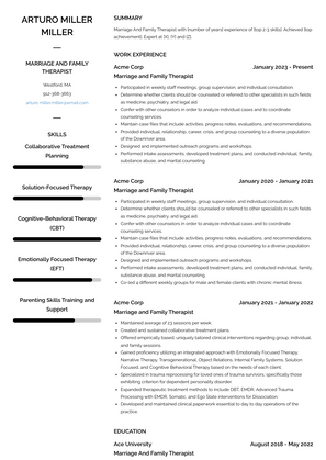 Marriage And Family Therapist Resume Sample and Template