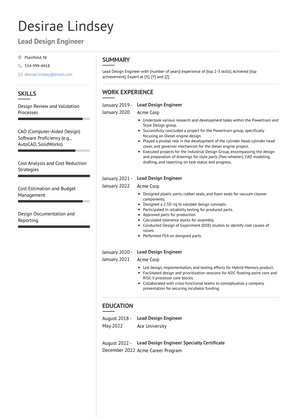 Lead Design Engineer Resume Sample and Template