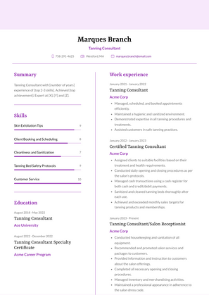 Tanning Consultant Resume Sample and Template