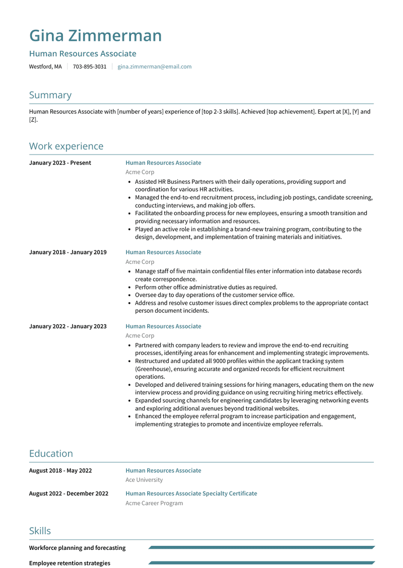 Human Resources Associate Resume Sample and Template