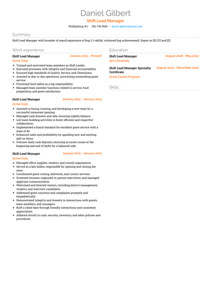 Shift Lead Manager Resume Sample and Template